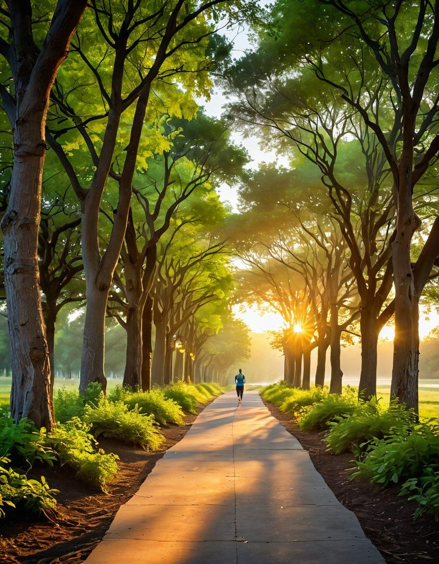 A serene path lined with vibrant green trees, leading towards a glowing sunrise, symbolizing hope and resilience. Include diverse individuals practicing yoga and meditation, representing strength in community. Scatter motivational quotes gently in the sky, promoting positive lifestyle changes. The overall atmosphere should evoke a sense of empowerment and renewal. super-realistic. vibrant colors. soft focus.