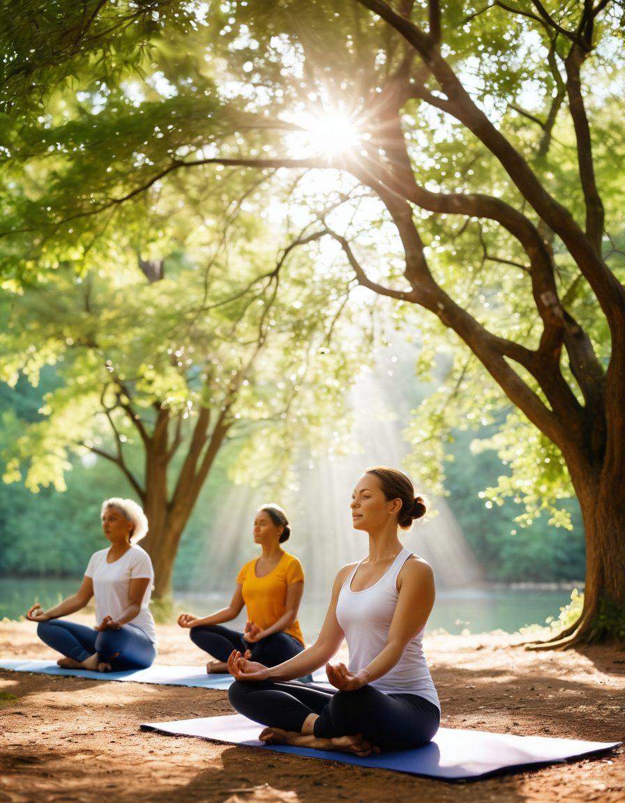 A serene scene depicting a diverse group of cancer warriors engaged in holistic health activities like yoga and nutrition workshops. Soft sunlight filters through trees, symbolizing hope and resilience. Include elements of nature, like blooming flowers and tranquil water, to enhance a sense of peace. Incorporate imagery of the latest oncology care, like high-tech medical equipment in the background. The atmosphere should exude empowerment and positivity. vibrant colors. soft focus. natural light.