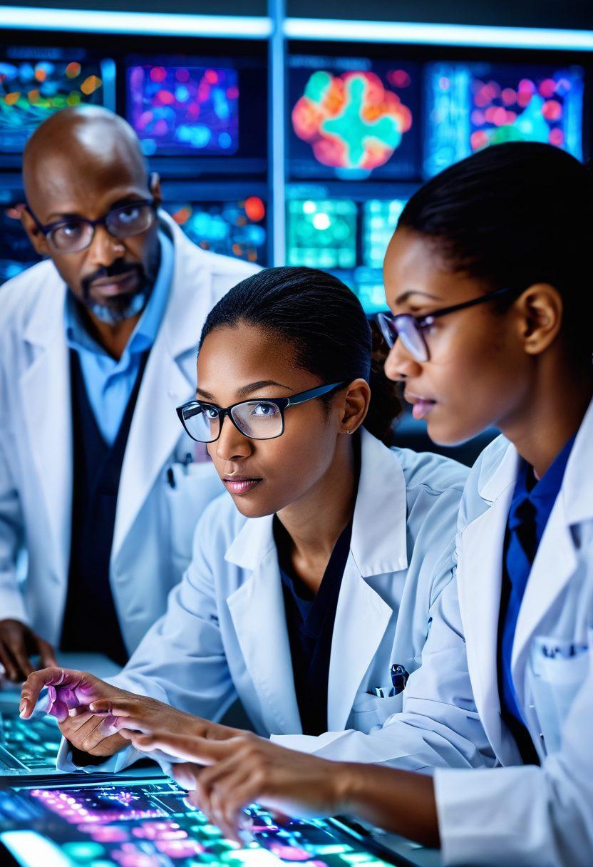 A close-up view of a diverse group of scientists in a modern laboratory, passionately discussing groundbreaking oncology research, with colorful charts and cancer cell models in the background. Bright fluorescent lighting illuminates the scene, highlighting their expressions of hope and determination. Subtle elements of technology, like advanced microscopes and digital displays, enhance the atmosphere of innovation. super-realistic. vibrant colors.